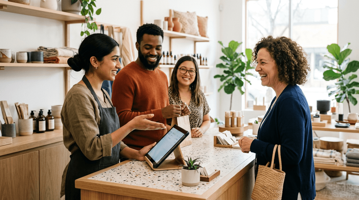 Small business staff helping a customer at a bright store counter.